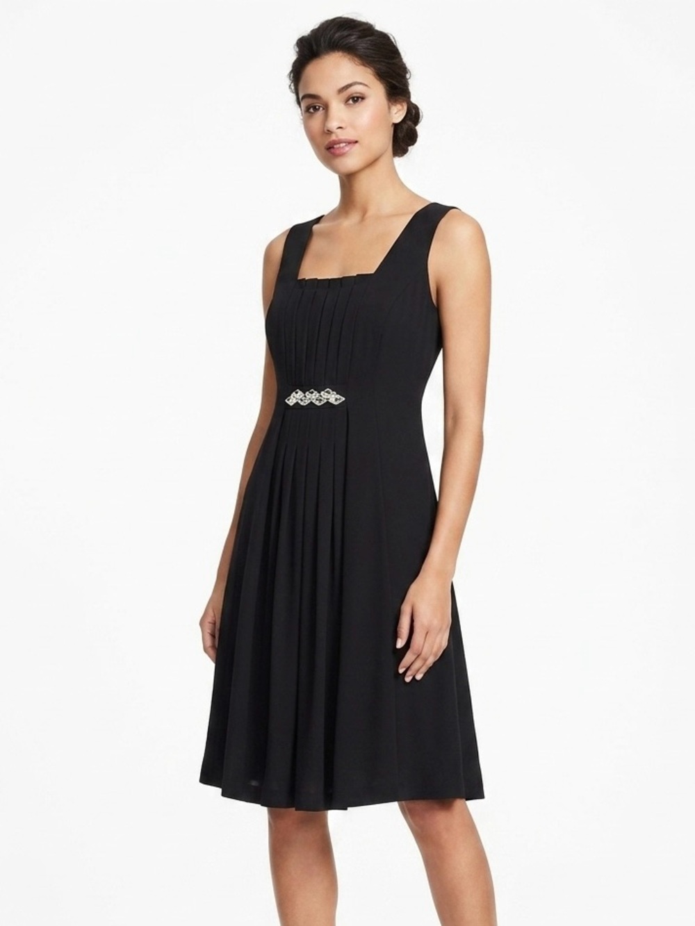 LOFT, Black Pleated Midi Dress with Jeweled Waist - M